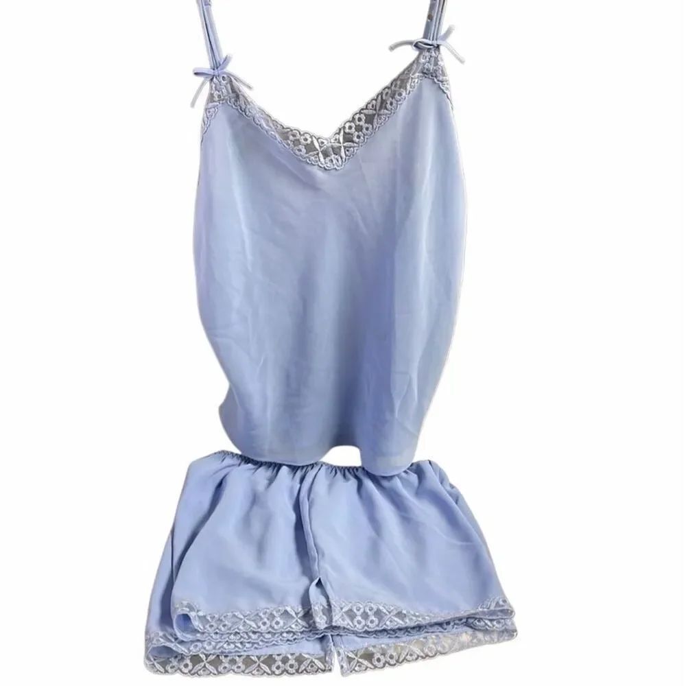 Cabernet Sleepwear Set Medium Blue Lace Cami Shorts Coquette Romantic